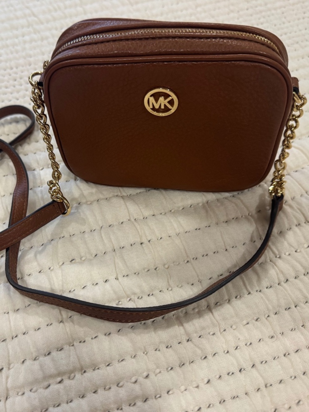 Michael Kors Fulton pebbled leather crossbody camera bag -luggage brown